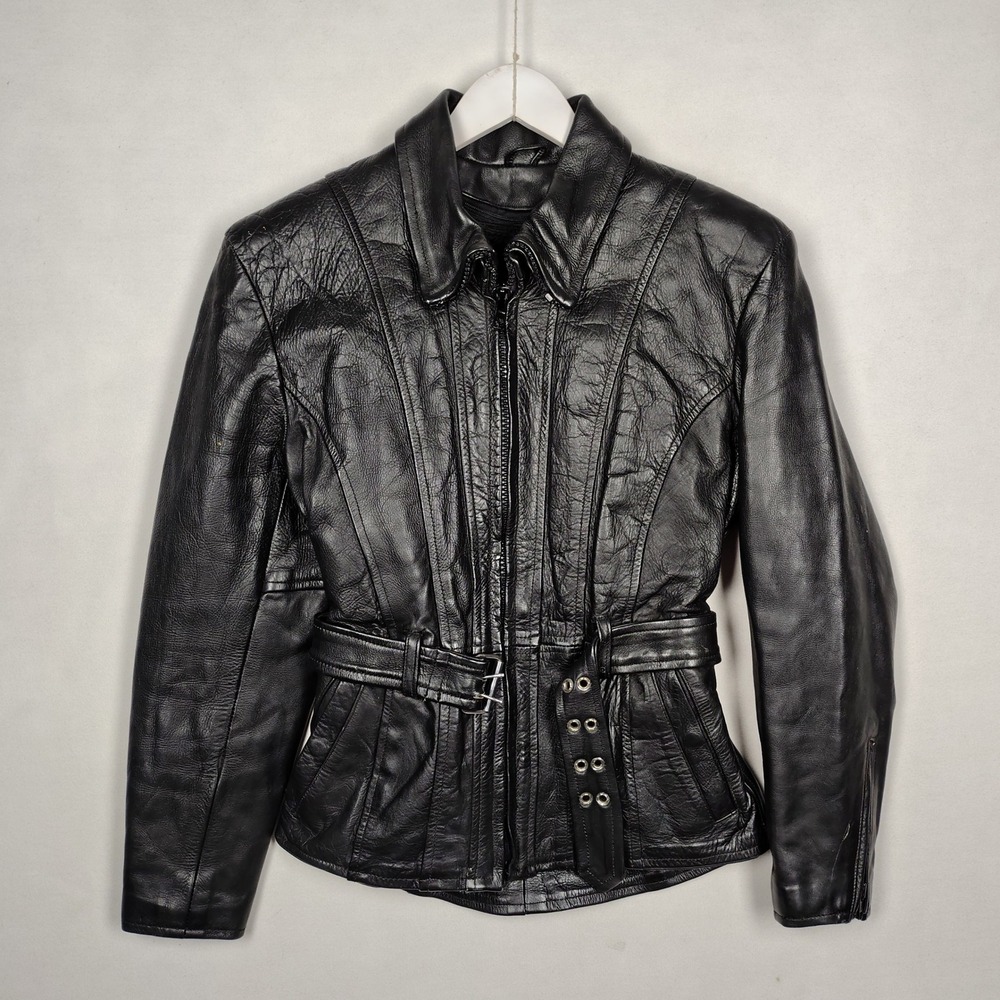 Hudson Leather Black Genuine Leather Belted Biker Jacket Small Vintage Quilted